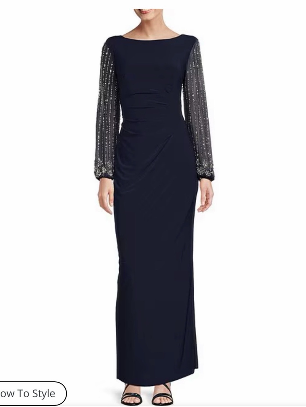 MARINA Navy Long Evening Gown with Sheer Beaded Sleeves